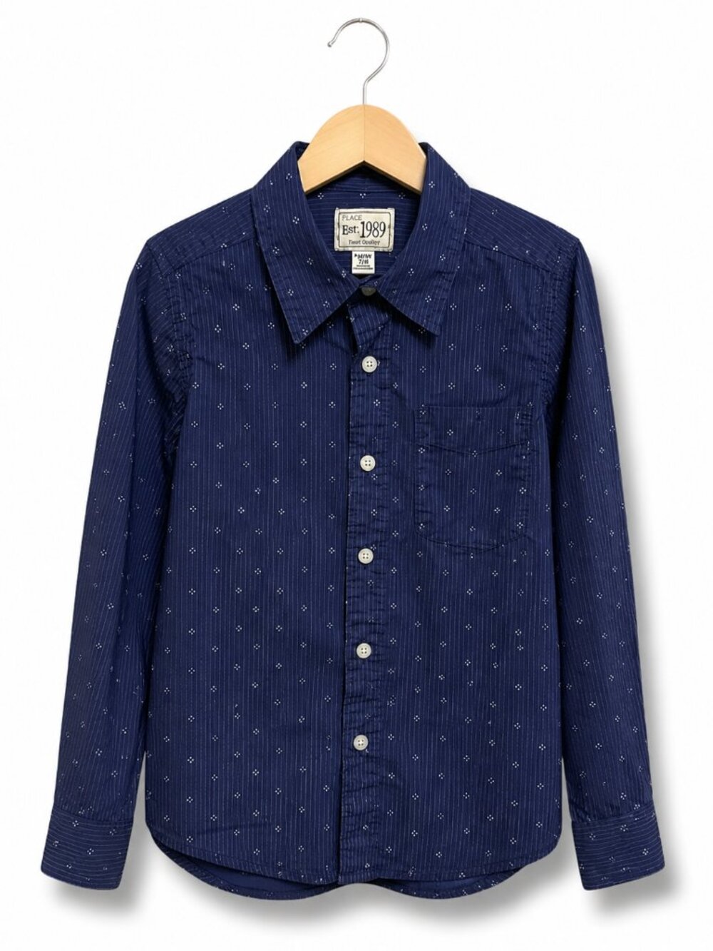 The Childrens Place Boys Navy Blue Pinstripe Diamond Button Down‎ Shirt Size 7/8
